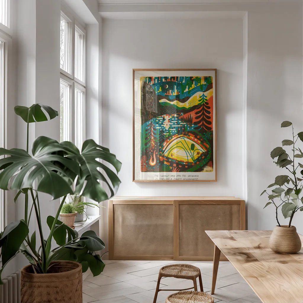 Outdoor Adventure II by Michael Mullan. shown as a print in a natural wood frame in a dining room. Available as a archival giclee rolled canvas, fine art paper, or poster print. SKU 101002h.