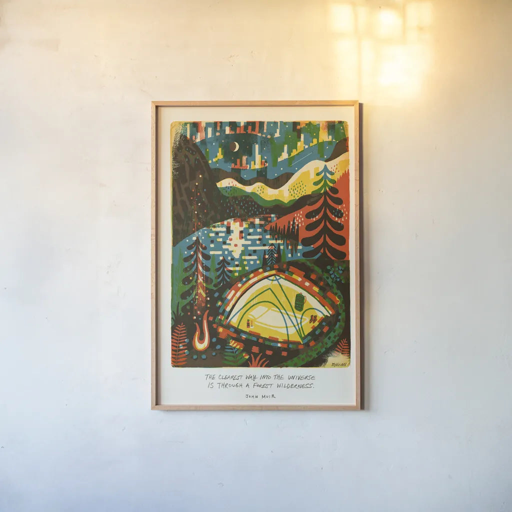 Outdoor Adventure II by Michael Mullan. shown as a paper print in a natural frame. Available as a archival giclee rolled canvas, fine art paper, or poster print. SKU 101002h.