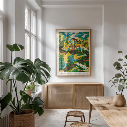 Outdoor Adventure III by Michael Mullan. shown as a print in a natural wood frame in a dining room. Available as a archival giclee rolled canvas, fine art paper, or poster print. SKU 101003h.