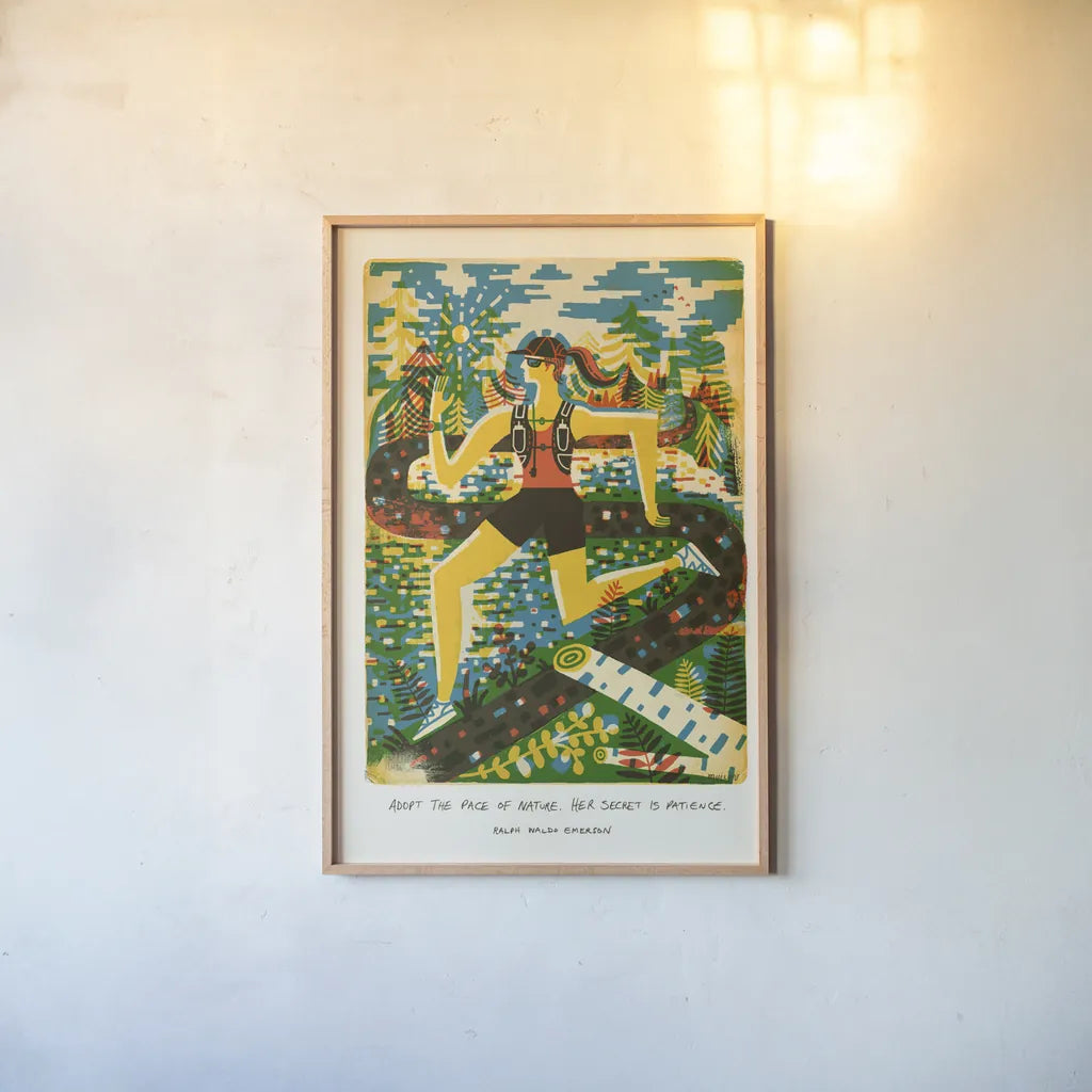 Outdoor Adventure III by Michael Mullan. shown as a paper print in a natural frame. Available as a archival giclee rolled canvas, fine art paper, or poster print. SKU 101003h.