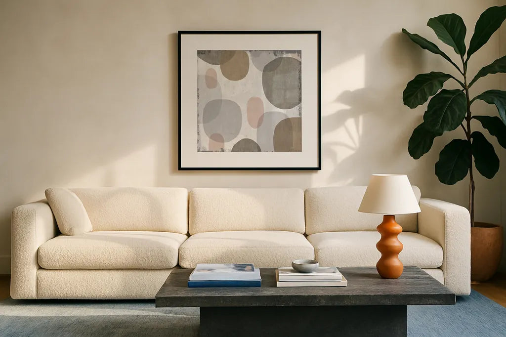 Pastel Drips I by Michael Mullan. Displayed in a glass frame with matte in a clean modern living room. Available as an archival giclee rolled canvas, fine art paper, or poster print. SKU 33783a.