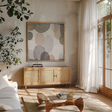 Pastel Drips II by Michael Mullan. Shown in a natural wood frame in a cozy modern living room. Available as an archival giclee rolled canvas, fine art paper, or poster print. SKU 33784a.