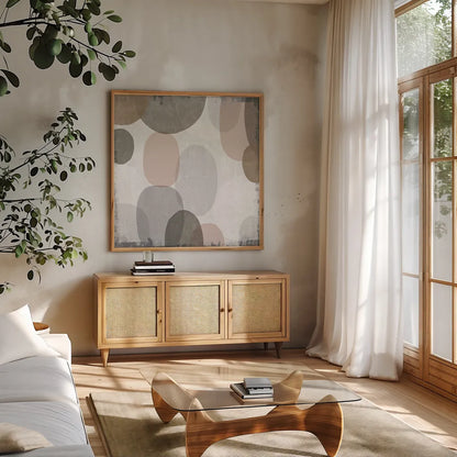 Pastel Drips II by Michael Mullan. Shown in a natural wood frame in a cozy modern living room. Available as an archival giclee rolled canvas, fine art paper, or poster print. SKU 33784a.