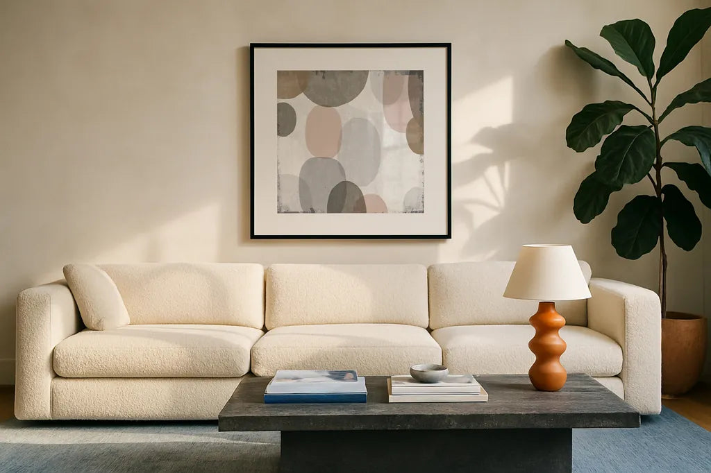 Pastel Drips II by Michael Mullan. Displayed in a glass frame with matte in a clean modern living room. Available as an archival giclee rolled canvas, fine art paper, or poster print. SKU 33784a.