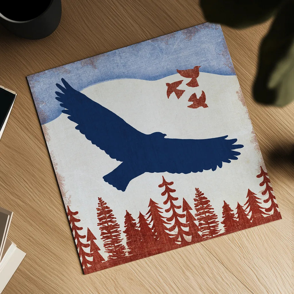 Patriotic Woodland Eagle by Michael Mullan. Shown as a detailed flat fine art print, highlighting archival giclee quality. Available as an archival giclee rolled canvas, fine art paper, or poster print. SKU 66094a.