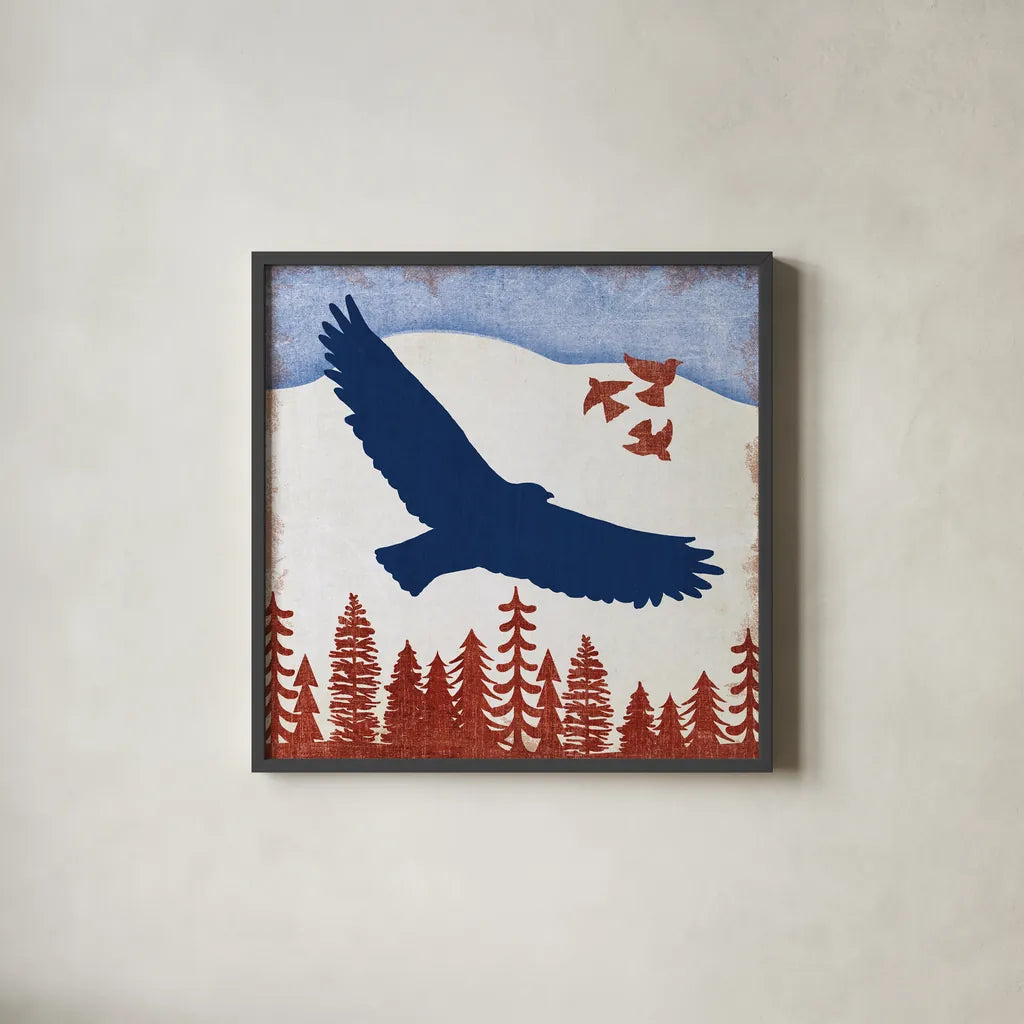Patriotic Woodland Eagle by Michael Mullan. Shown in a sleek black glass frame for a contemporary gallery look. Available as an archival giclee rolled canvas, fine art paper, or poster print. SKU 66094a.