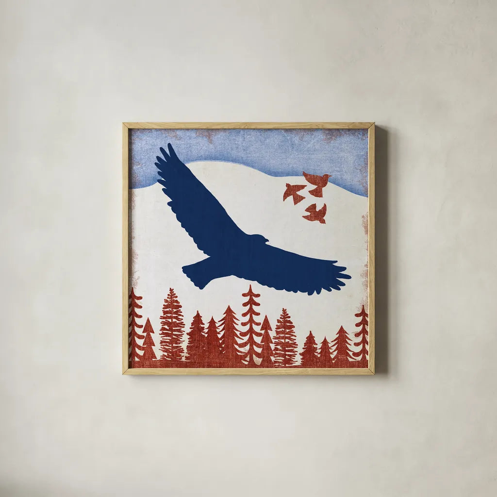 Patriotic Woodland Eagle by Michael Mullan. Shown in a natural wood glass frame for a timeless modern aesthetic. Available as an archival giclee rolled canvas, fine art paper, or poster print. SKU 66094a.