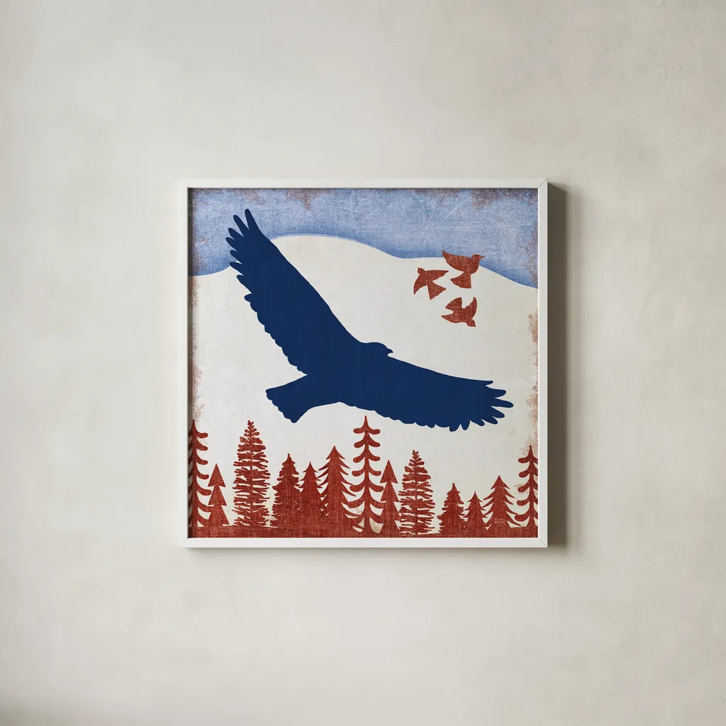 Patriotic Woodland Eagle by Michael Mullan. Shown in a crisp white glass frame for a clean and minimalist style. Available as an archival giclee rolled canvas, fine art paper, or poster print. SKU 66094a.