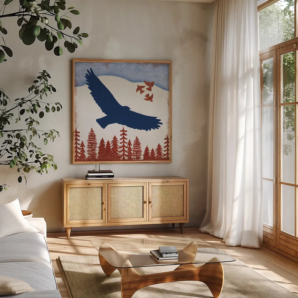 Patriotic Woodland Eagle by Michael Mullan. Shown in a natural wood frame in a cozy modern living room. Available as an archival giclee rolled canvas, fine art paper, or poster print. SKU 66094a.
