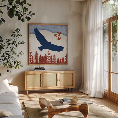 Patriotic Woodland Eagle by Michael Mullan. Shown in a natural wood frame in a cozy modern living room. Available as an archival giclee rolled canvas, fine art paper, or poster print. SKU 66094a.