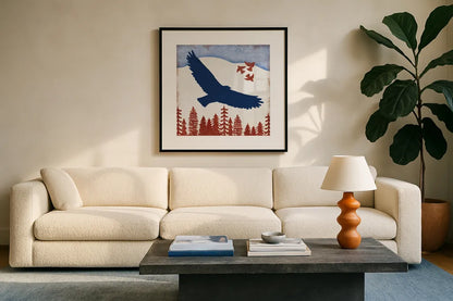 Patriotic Woodland Eagle by Michael Mullan. Displayed in a glass frame with matte in a clean modern living room. Available as an archival giclee rolled canvas, fine art paper, or poster print. SKU 66094a.