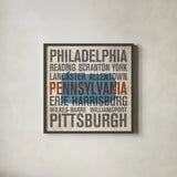 Pennsylvania by Michael Mullan. Shown in a sleek black glass frame for a contemporary gallery look. Available as an archival giclee rolled canvas, fine art paper, or poster print. SKU 18073a.