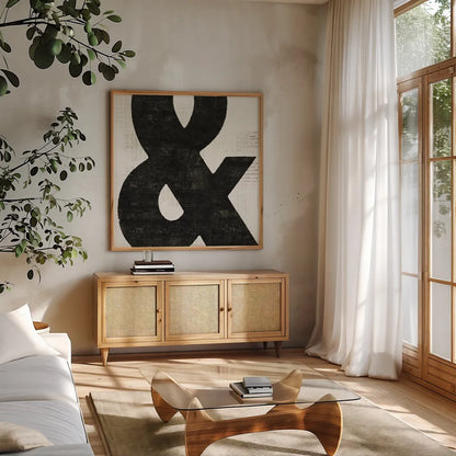 Punctuated Black Square  III by Michael Mullan. Shown in a natural wood frame in a cozy modern living room. Available as an archival giclee rolled canvas, fine art paper, or poster print. SKU 9039a.