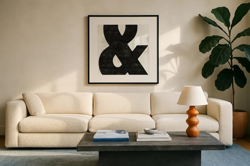 Punctuated Black Square  III by Michael Mullan. Displayed in a glass frame with matte in a clean modern living room. Available as an archival giclee rolled canvas, fine art paper, or poster print. SKU 9039a.