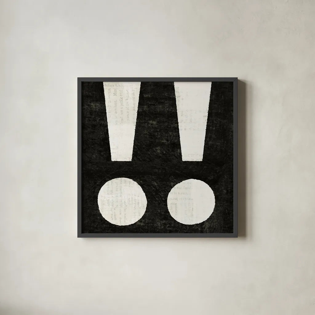 Punctuated Black Square II by Michael Mullan. Shown in a sleek black glass frame for a contemporary gallery look. Available as an archival giclee rolled canvas, fine art paper, or poster print. SKU 50693a.