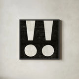 Punctuated Black Square II by Michael Mullan. Shown in a sleek black glass frame for a contemporary gallery look. Available as an archival giclee rolled canvas, fine art paper, or poster print. SKU 50693a.