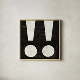 Punctuated Black Square II by Michael Mullan. Shown in a natural wood glass frame for a timeless modern aesthetic. Available as an archival giclee rolled canvas, fine art paper, or poster print. SKU 50693a.