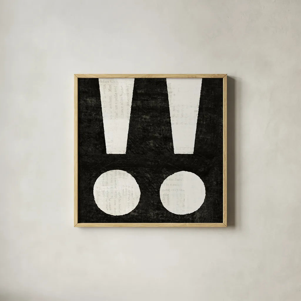 Punctuated Black Square II by Michael Mullan. Shown in a natural wood glass frame for a timeless modern aesthetic. Available as an archival giclee rolled canvas, fine art paper, or poster print. SKU 50693a.