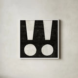 Punctuated Black Square II by Michael Mullan. Shown in a crisp white glass frame for a clean and minimalist style. Available as an archival giclee rolled canvas, fine art paper, or poster print. SKU 50693a.