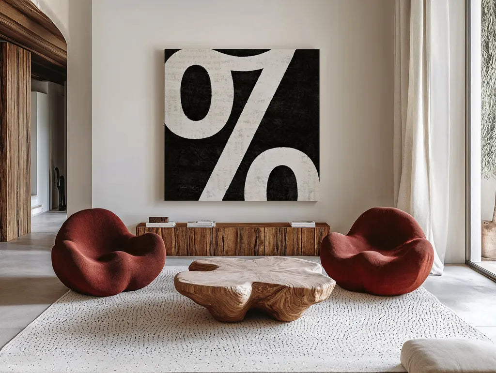Punctuated Black Square IV by Michael Mullan. Shown as extra-large giant wall art in a modern living room. Available as an archival giclee rolled canvas, fine art paper, or poster print. SKU 9040a.