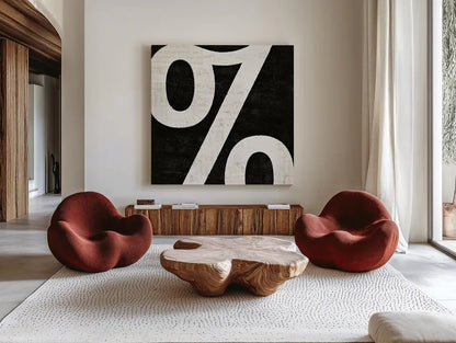 Punctuated Black Square IV by Michael Mullan. Shown as extra-large giant wall art in a modern living room. Available as an archival giclee rolled canvas, fine art paper, or poster print. SKU 9040a.
