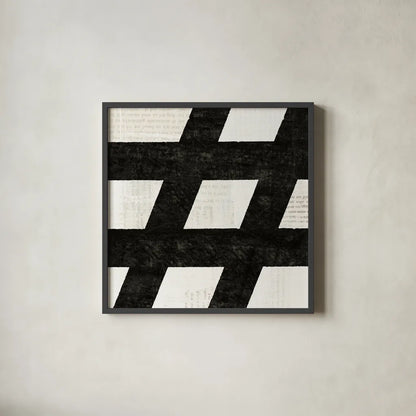 Punctuated Black Square IX by Michael Mullan. Shown in a sleek black glass frame for a contemporary gallery look. Available as an archival giclee rolled canvas, fine art paper, or poster print. SKU 50694a.