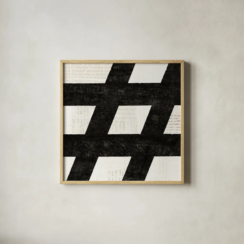 Punctuated Black Square IX by Michael Mullan. Shown in a natural wood glass frame for a timeless modern aesthetic. Available as an archival giclee rolled canvas, fine art paper, or poster print. SKU 50694a.
