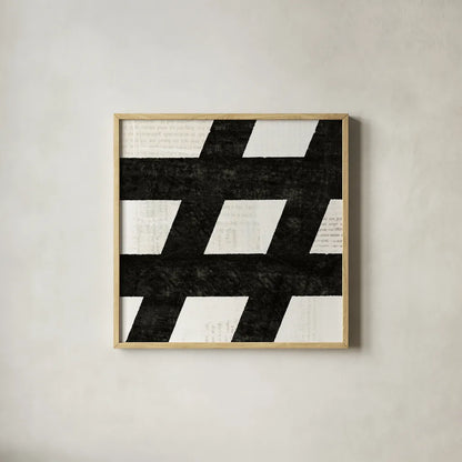 Punctuated Black Square IX by Michael Mullan. Shown in a natural wood glass frame for a timeless modern aesthetic. Available as an archival giclee rolled canvas, fine art paper, or poster print. SKU 50694a.
