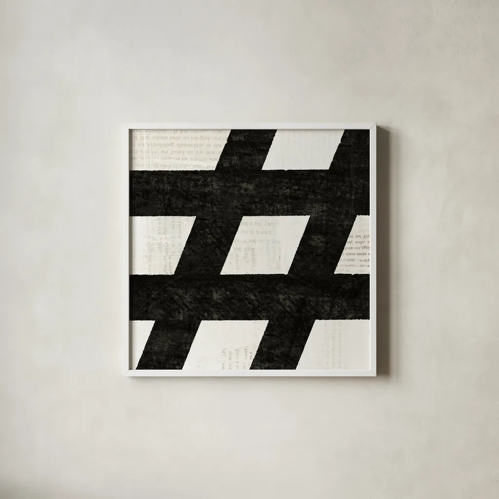Punctuated Black Square IX by Michael Mullan. Shown in a crisp white glass frame for a clean and minimalist style. Available as an archival giclee rolled canvas, fine art paper, or poster print. SKU 50694a.