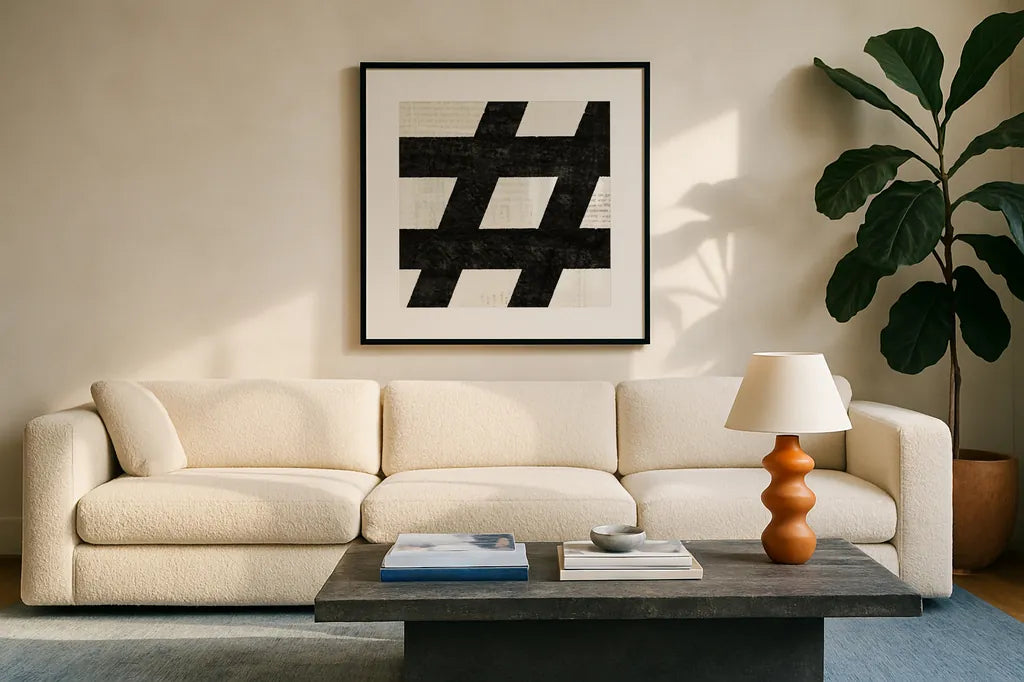 Punctuated Black Square IX by Michael Mullan. Displayed in a glass frame with matte in a clean modern living room. Available as an archival giclee rolled canvas, fine art paper, or poster print. SKU 50694a.