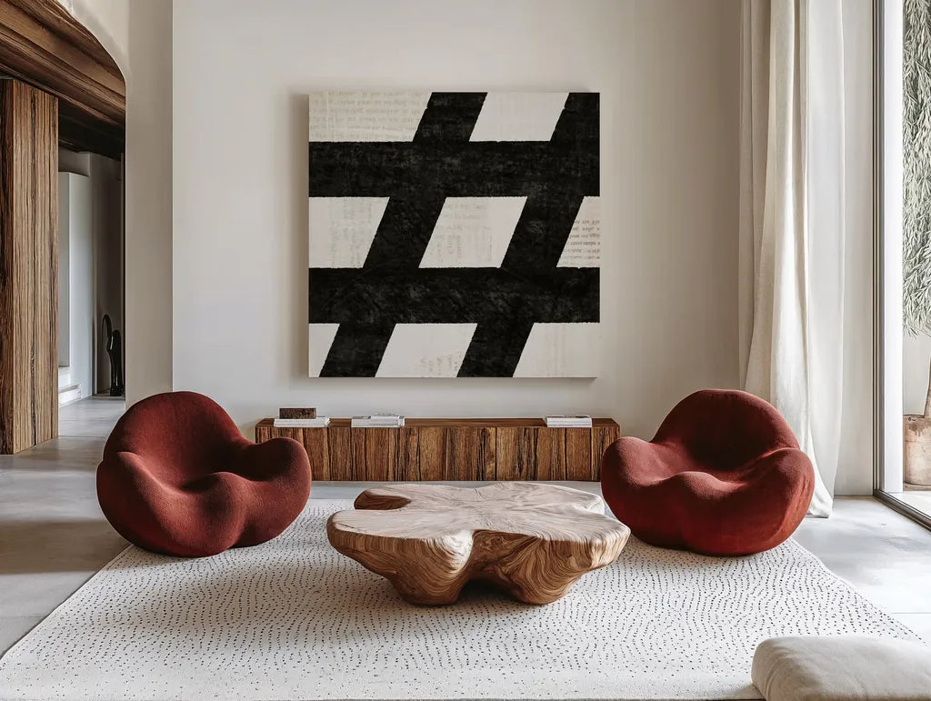 Punctuated Black Square IX by Michael Mullan. Shown as extra-large giant wall art in a modern living room. Available as an archival giclee rolled canvas, fine art paper, or poster print. SKU 50694a.