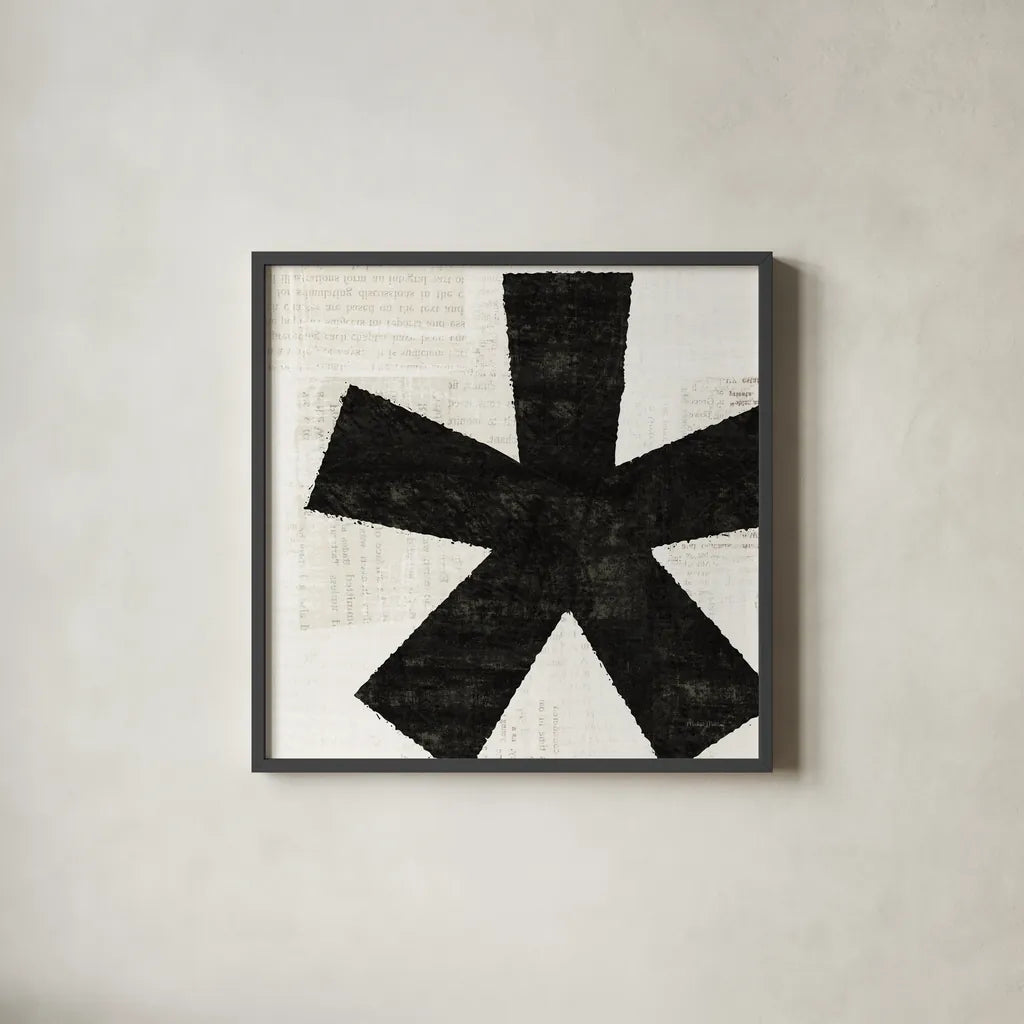 Punctuated Black Square VII by Michael Mullan. Shown in a sleek black glass frame for a contemporary gallery look. Available as an archival giclee rolled canvas, fine art paper, or poster print. SKU 9115a.