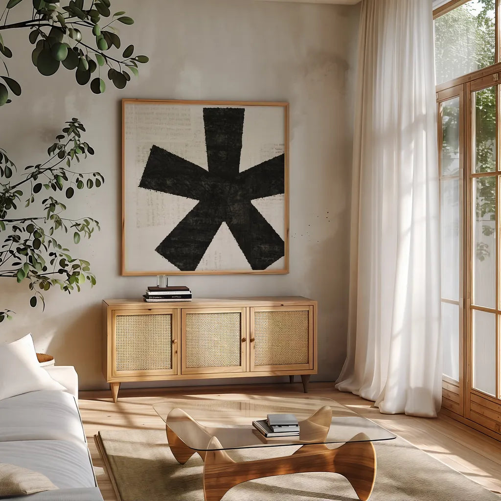 Punctuated Black Square VII by Michael Mullan. Shown in a natural wood frame in a cozy modern living room. Available as an archival giclee rolled canvas, fine art paper, or poster print. SKU 9115a.