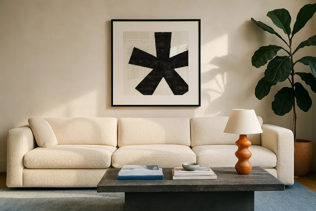 Punctuated Black Square VII by Michael Mullan. Displayed in a glass frame with matte in a clean modern living room. Available as an archival giclee rolled canvas, fine art paper, or poster print. SKU 9115a.