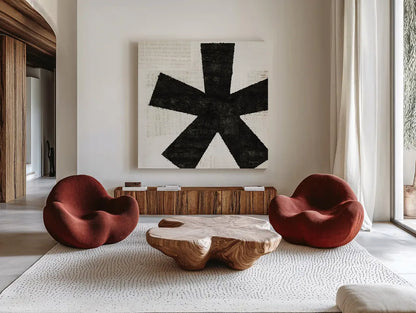 Punctuated Black Square VII by Michael Mullan. Shown as extra-large giant wall art in a modern living room. Available as an archival giclee rolled canvas, fine art paper, or poster print. SKU 9115a.