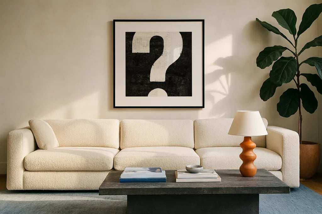 Punctuated Black Square VIII by Michael Mullan. Displayed in a glass frame with matte in a clean modern living room. Available as an archival giclee rolled canvas, fine art paper, or poster print. SKU 9041a.
