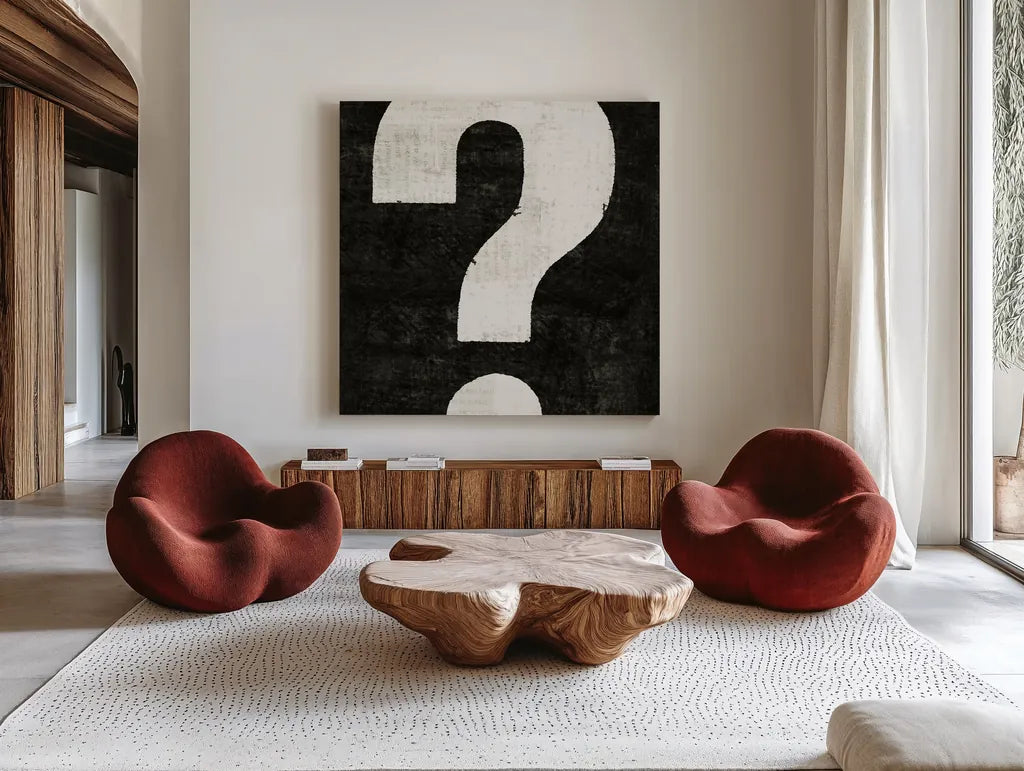 Punctuated Black Square VIII by Michael Mullan. Shown as extra-large giant wall art in a modern living room. Available as an archival giclee rolled canvas, fine art paper, or poster print. SKU 9041a.