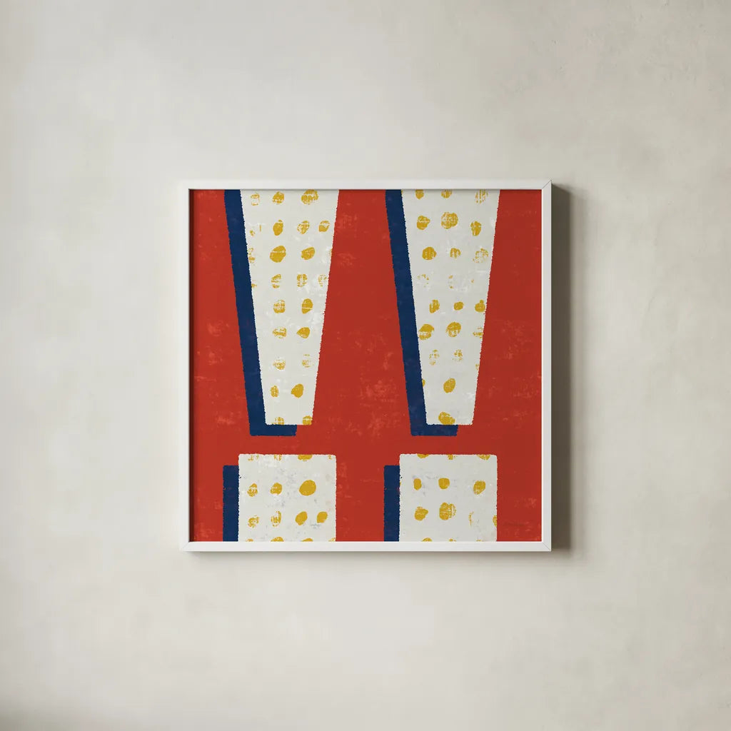 Punctuated Square I Bright by Michael Mullan. Shown in a crisp white glass frame for a clean and minimalist style. Available as an archival giclee rolled canvas, fine art paper, or poster print. SKU 56573a.