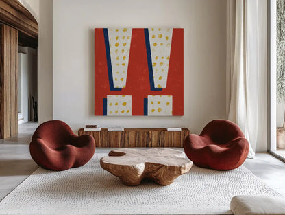 Punctuated Square I Bright by Michael Mullan. Shown as extra-large giant wall art in a modern living room. Available as an archival giclee rolled canvas, fine art paper, or poster print. SKU 56573a.