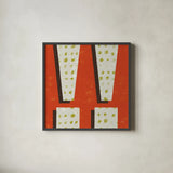 Punctuated Square I Retro by Michael Mullan. Shown in a sleek black glass frame for a contemporary gallery look. Available as an archival giclee rolled canvas, fine art paper, or poster print. SKU 50658a.