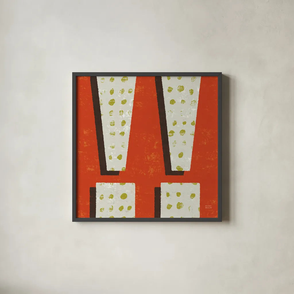 Punctuated Square I Retro by Michael Mullan. Shown in a sleek black glass frame for a contemporary gallery look. Available as an archival giclee rolled canvas, fine art paper, or poster print. SKU 50658a.