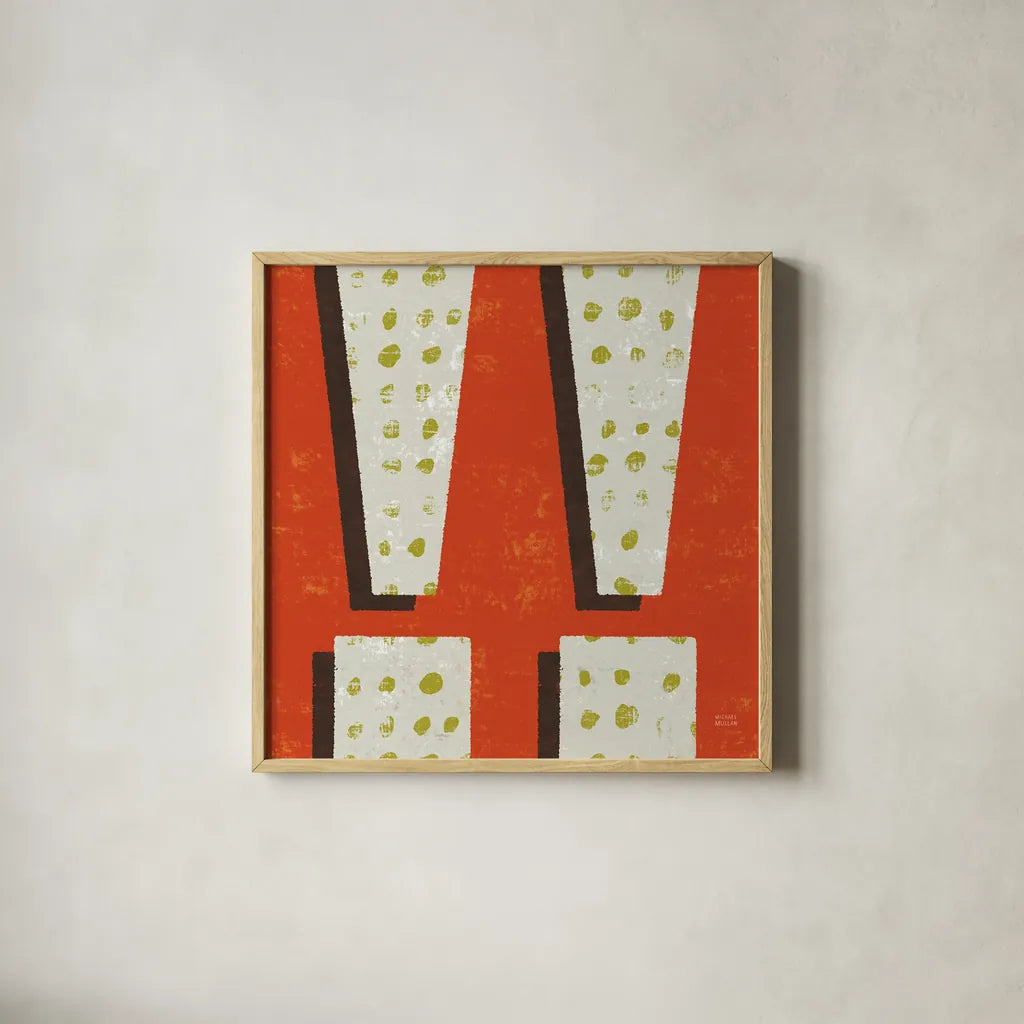 Punctuated Square I Retro by Michael Mullan. Shown in a natural wood glass frame for a timeless modern aesthetic. Available as an archival giclee rolled canvas, fine art paper, or poster print. SKU 50658a.