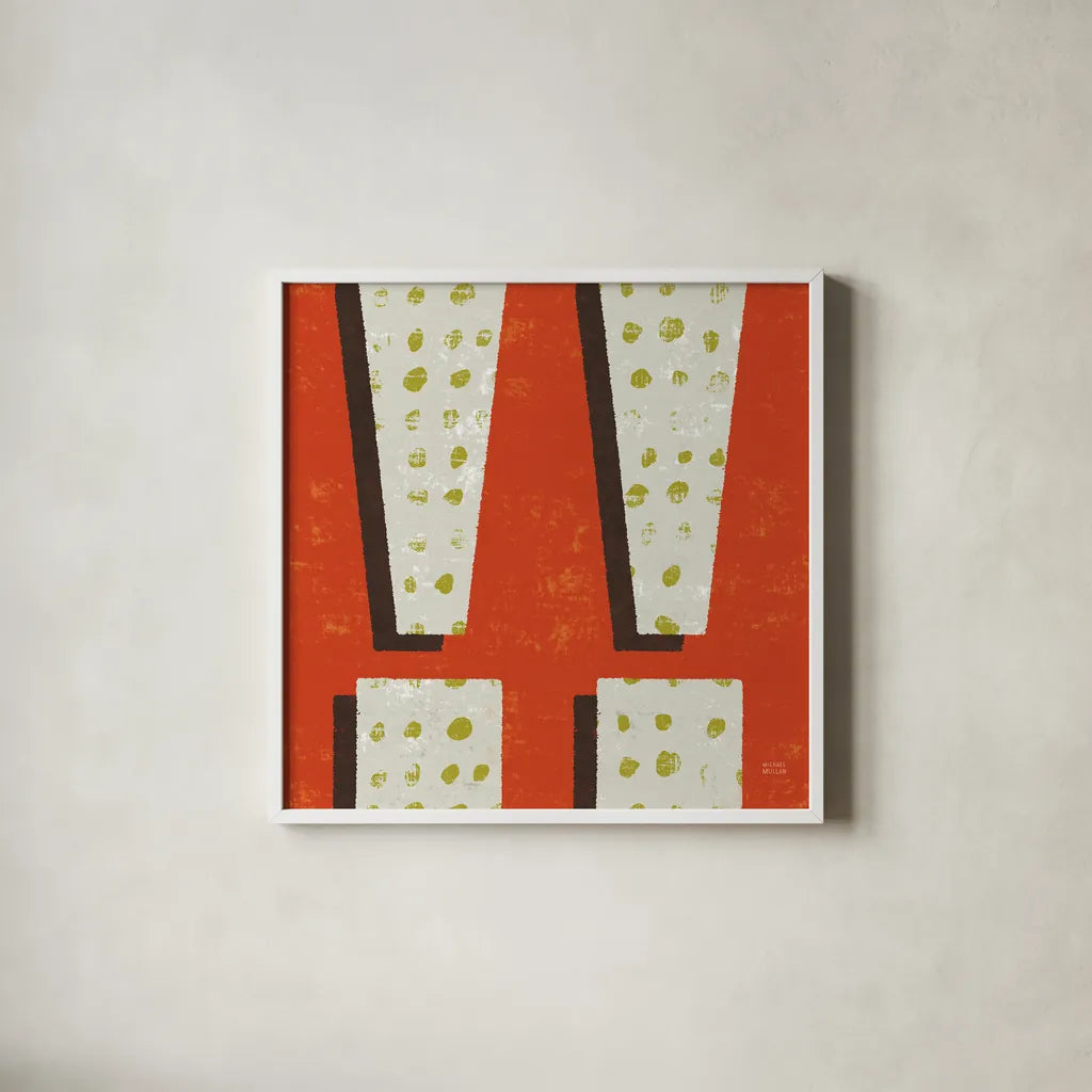 Punctuated Square I Retro by Michael Mullan. Shown in a crisp white glass frame for a clean and minimalist style. Available as an archival giclee rolled canvas, fine art paper, or poster print. SKU 50658a.