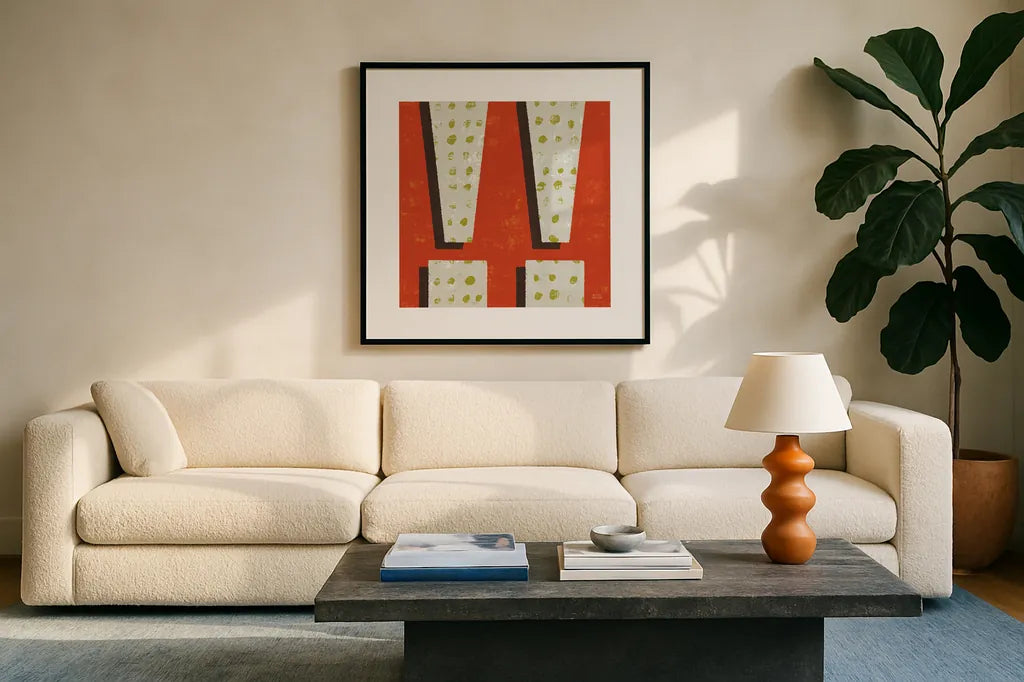 Punctuated Square I Retro by Michael Mullan. Displayed in a glass frame with matte in a clean modern living room. Available as an archival giclee rolled canvas, fine art paper, or poster print. SKU 50658a.