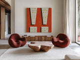 Punctuated Square I Retro by Michael Mullan. Shown as extra-large giant wall art in a modern living room. Available as an archival giclee rolled canvas, fine art paper, or poster print. SKU 50658a.