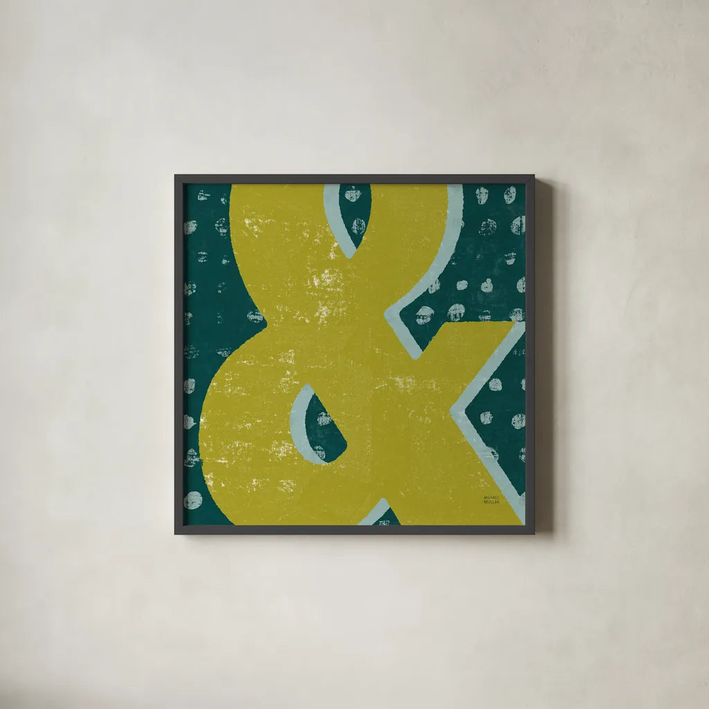 Punctuated Square II Retro by Michael Mullan. Shown in a sleek black glass frame for a contemporary gallery look. Available as an archival giclee rolled canvas, fine art paper, or poster print. SKU 50659a.