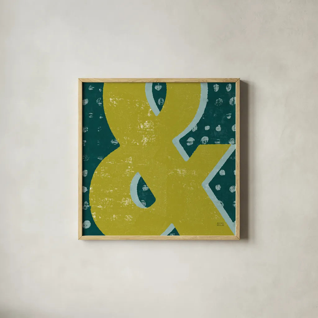 Punctuated Square II Retro by Michael Mullan. Shown in a natural wood glass frame for a timeless modern aesthetic. Available as an archival giclee rolled canvas, fine art paper, or poster print. SKU 50659a.