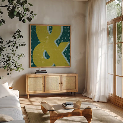 Punctuated Square II Retro by Michael Mullan. Shown in a natural wood frame in a cozy modern living room. Available as an archival giclee rolled canvas, fine art paper, or poster print. SKU 50659a.