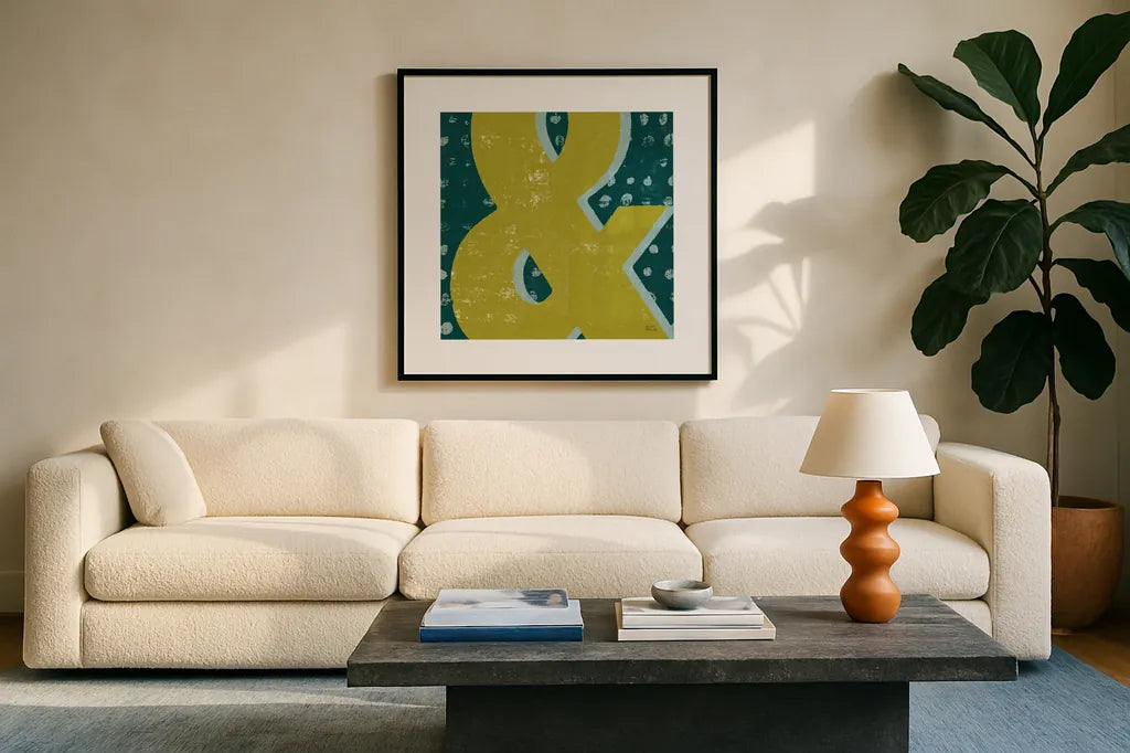 Punctuated Square II Retro by Michael Mullan. Displayed in a glass frame with matte in a clean modern living room. Available as an archival giclee rolled canvas, fine art paper, or poster print. SKU 50659a.