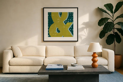 Punctuated Square II Retro by Michael Mullan. Displayed in a glass frame with matte in a clean modern living room. Available as an archival giclee rolled canvas, fine art paper, or poster print. SKU 50659a.